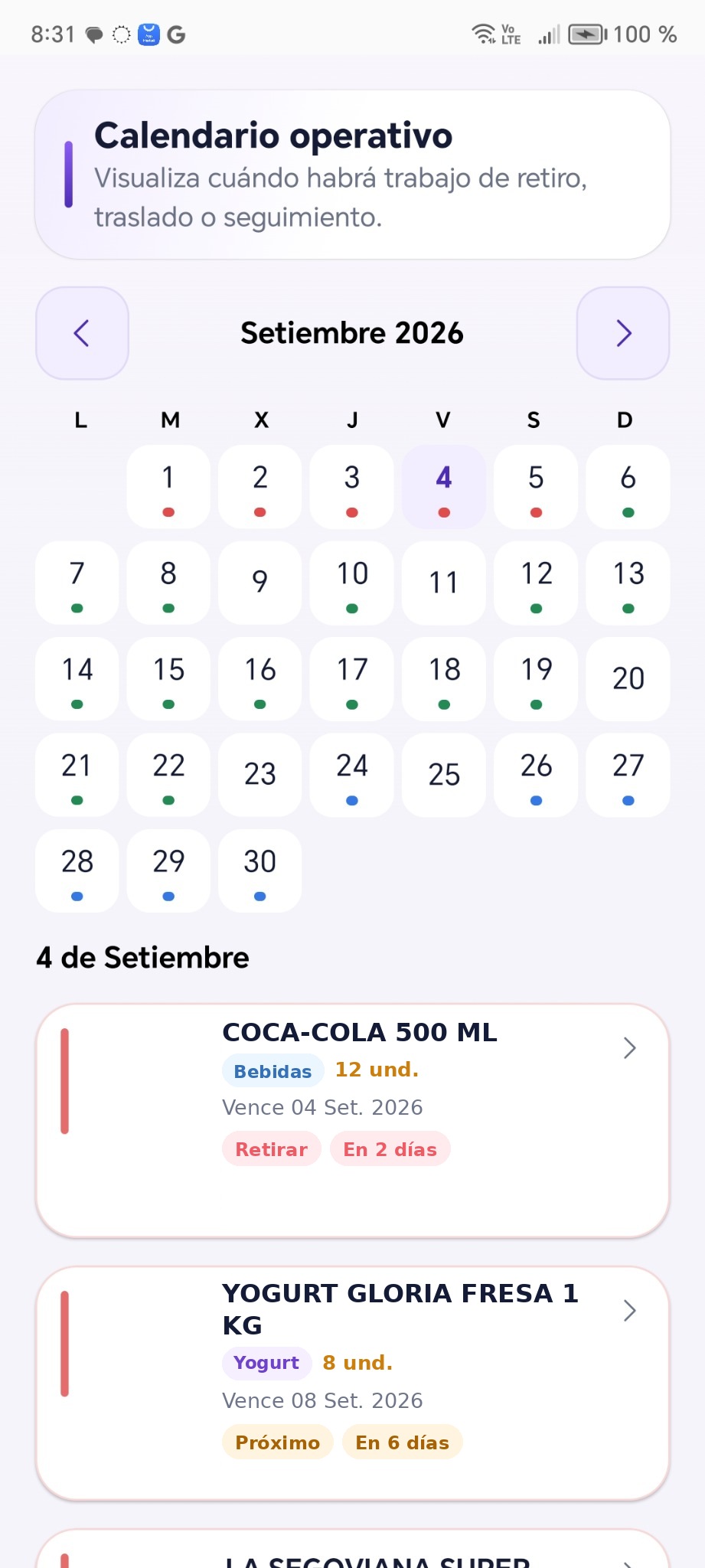 Calendario operativo real de RetailExpiry